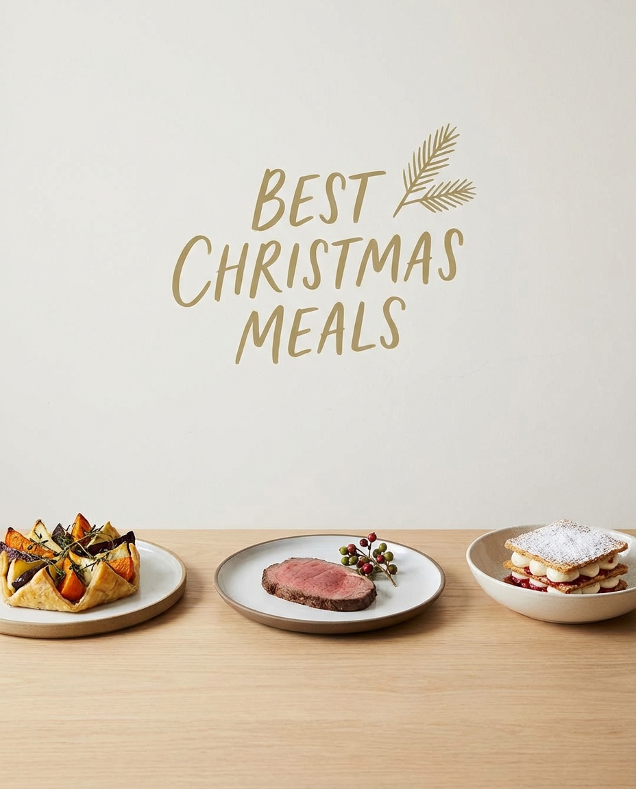 A luxurious Christmas dining table set with gold cutlery, candles, and a large roasted turkey centerpiece.