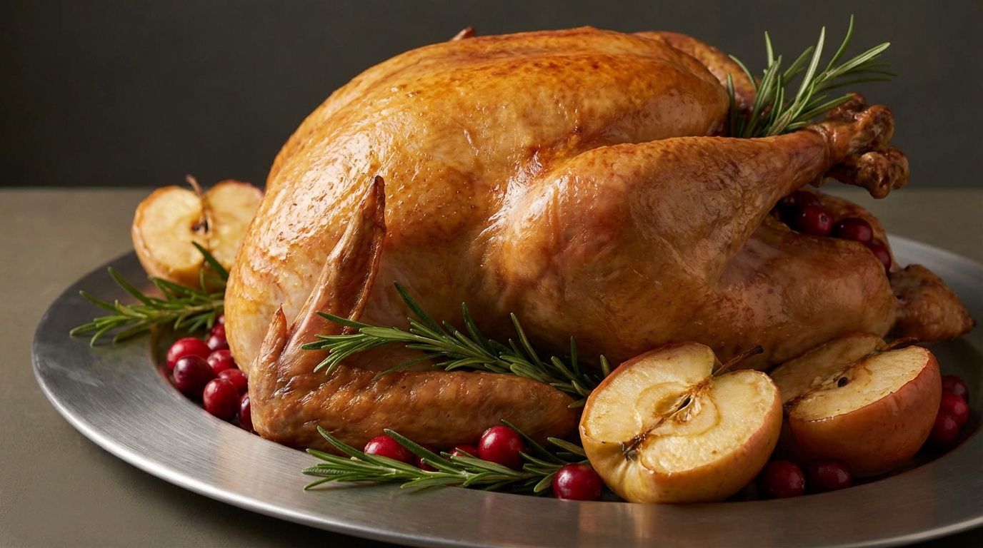 A close-up, high-resolution shot of a golden-brown roasted turkey on a silver platter, garnished with fresh herbs, cranberries, and roasted fruits, illuminated by warm, ambient lighting.