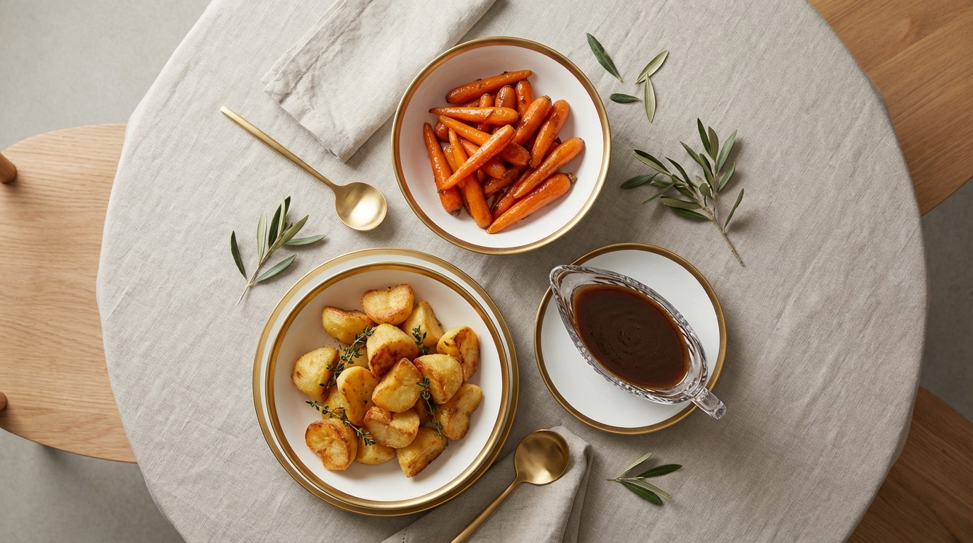 An overhead shot of an elegant dining table featuring various side dishes in gold-rimmed white porcelain bowls: crispy roast potatoes, glazed carrots, and a crystal boat of rich gravy.