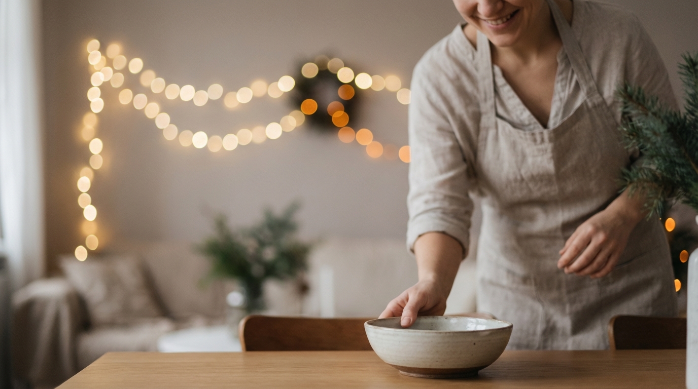 A lifestyle shot of a smiling host placing a finished dish on the table, looking relaxed and happy, with blurred Christmas lights in the background, conveying a stress-free atmosphere.