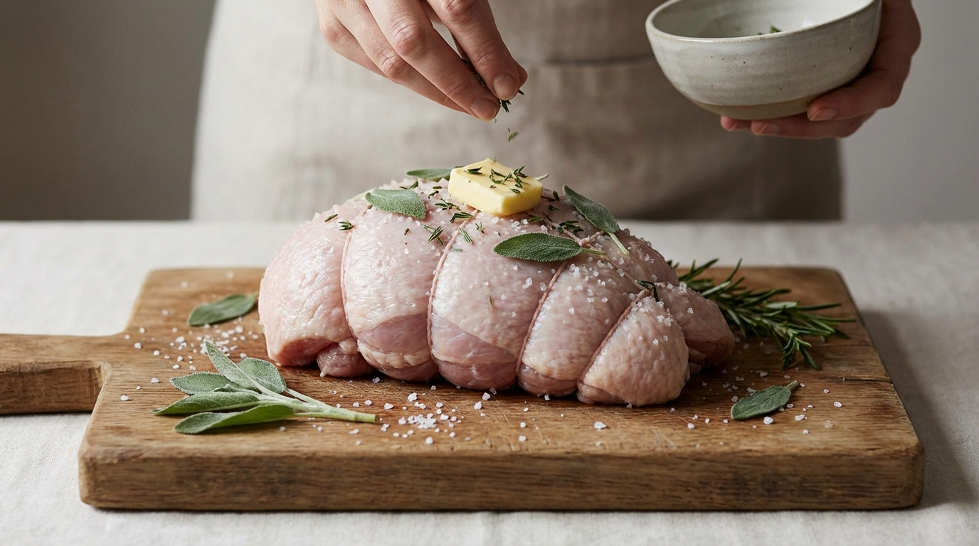 A high-quality, close-up shot of raw turkey preparation on a wooden board, featuring fresh sage, rosemary sprigs, sea salt, and a stick of butter, highlighting the seasoning process.