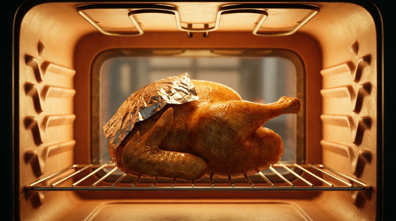 A roast turkey inside an illuminated oven, showing the golden browning process, with a foil tent partially covering the breast area.