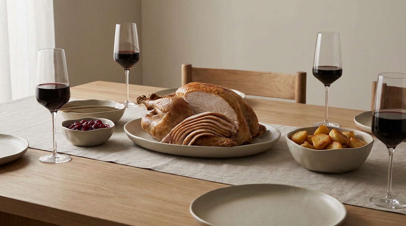 An elegant dining table setting with the carved turkey on a platter, surrounded by bowls of cranberry sauce, roast potatoes, and wine glasses, ready for serving.