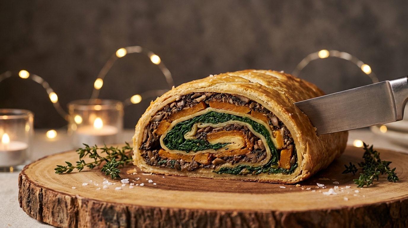 Close up of a golden-brown Mushroom Wellington being sliced, revealing layers of spinach, mushroom duxelles, and roasted squash, set on a rustic wooden board with festive lighting