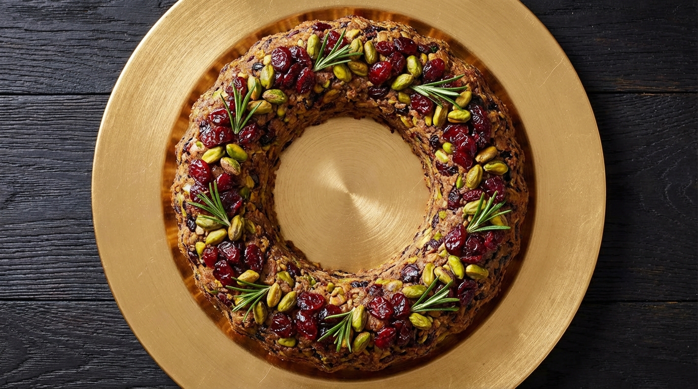An overhead shot of a 'Jeweled' Nut Roast shaped like a wreath, garnished with cranberries, pistachios, and rosemary, sitting on a luxury gold charger plate