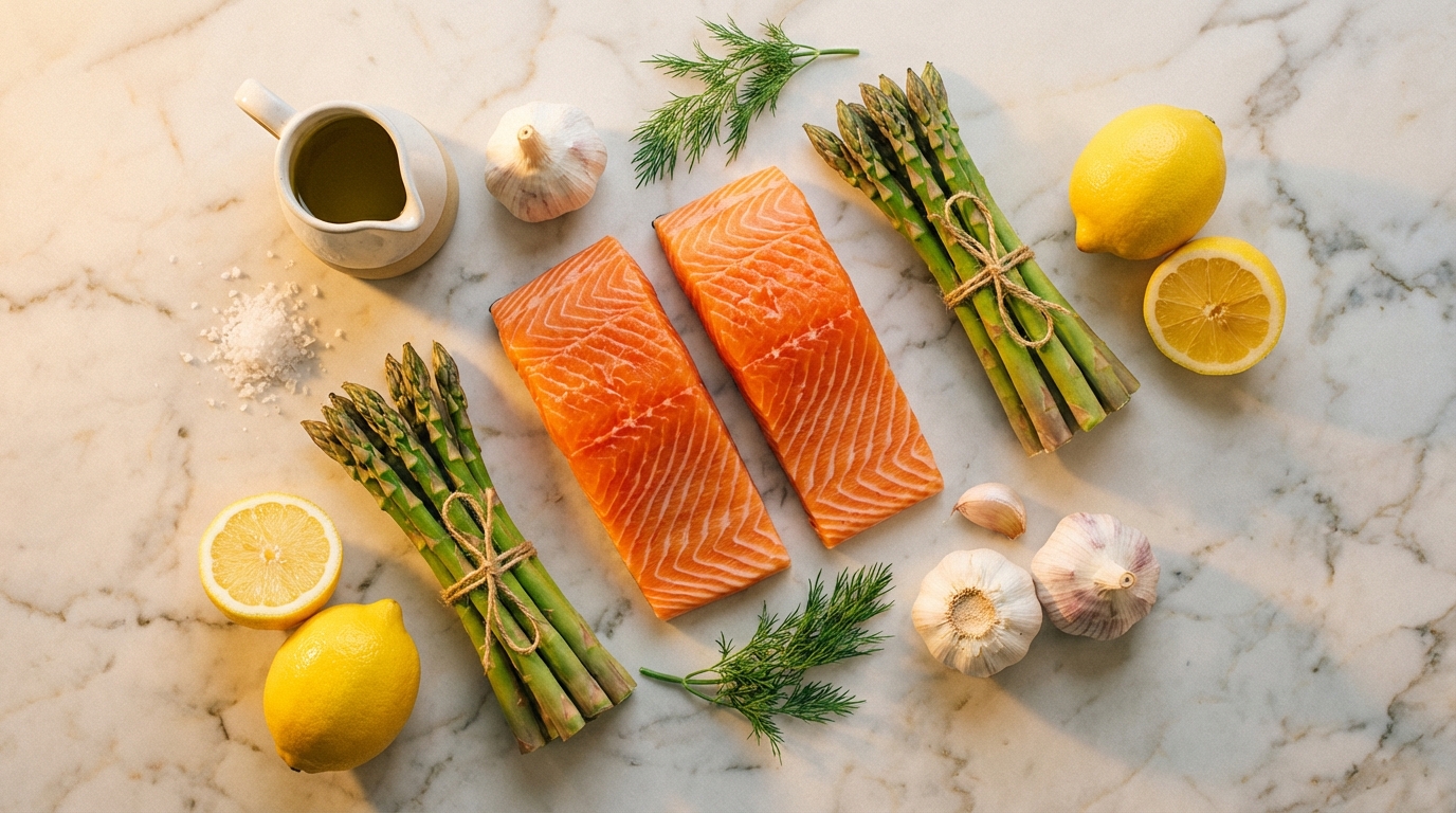 A flat-lay photo of raw high-quality ingredients on a marble countertop: fresh salmon fillets, bundles of asparagus, lemons, and garlic, prepared for a quick cook. Lighting is warm and golden.