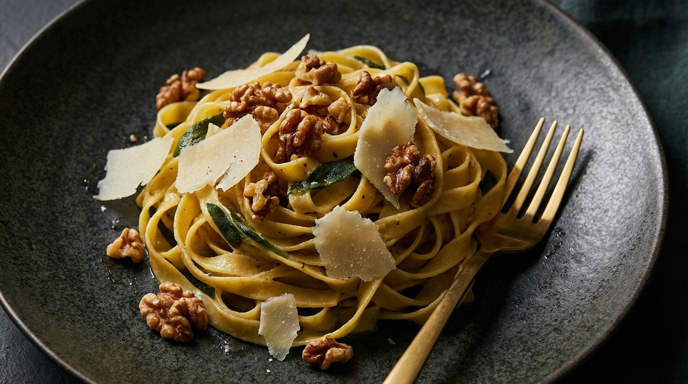 A close-up of a luxurious pasta dish: Tagliatelle with sage butter sauce, topped with toasted walnuts and shaved parmesan, served on a dark ceramic plate with a gold fork.
