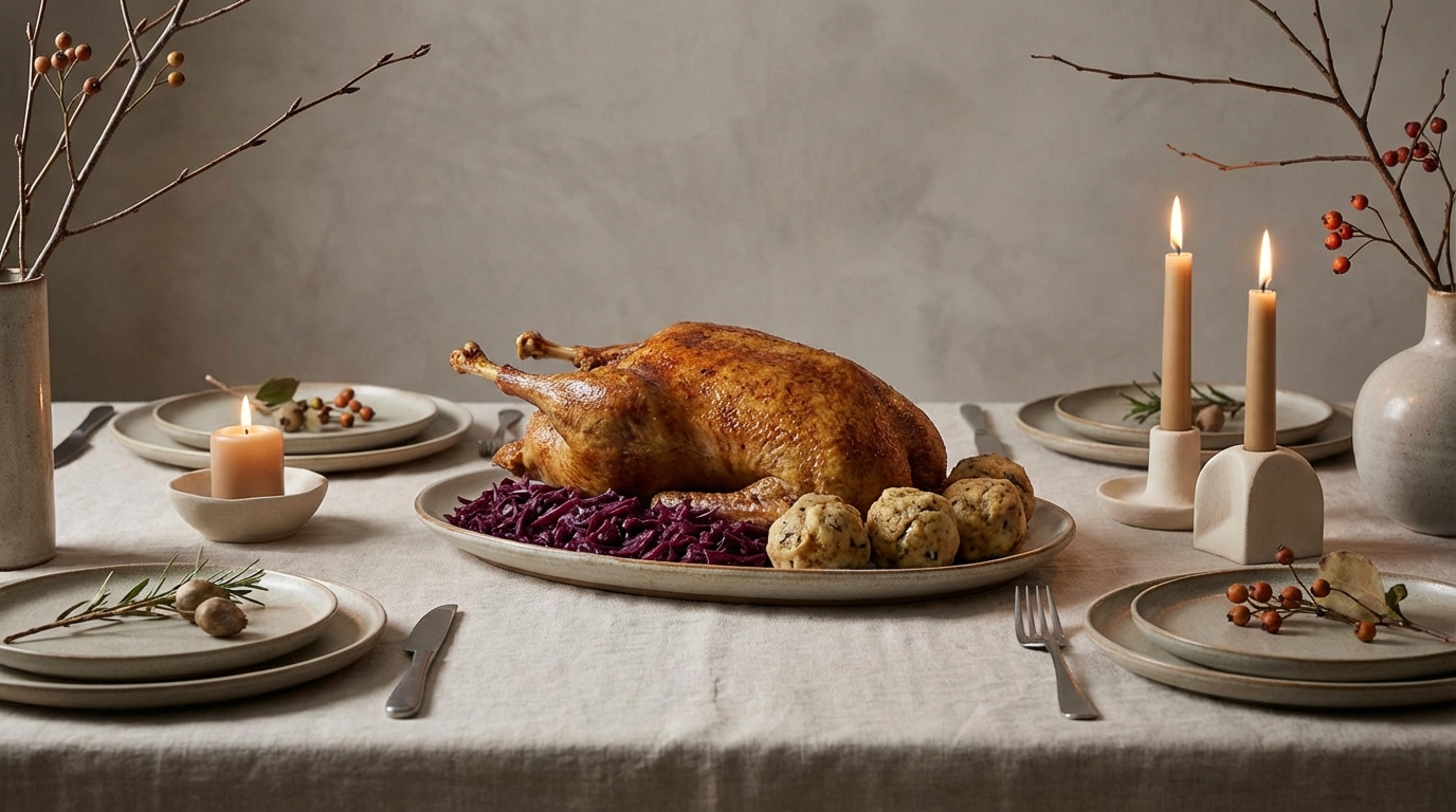 An elegant table setting featuring a golden-brown roasted goose with red cabbage and dumplings, styled with warm candlelight