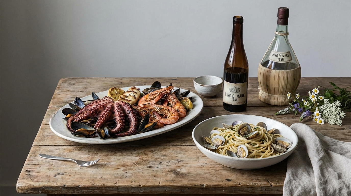 A rustic yet luxurious Italian table spread featuring various seafood dishes, linguine with clams, and a vintage wine bottle