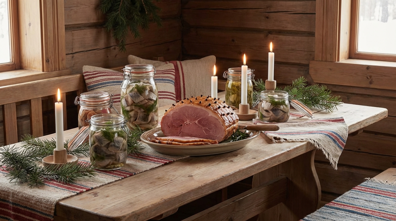 A beautifully arranged Swedish Julbord buffet with glazed ham, pickled herring jars, and candles in a cozy wooden setting