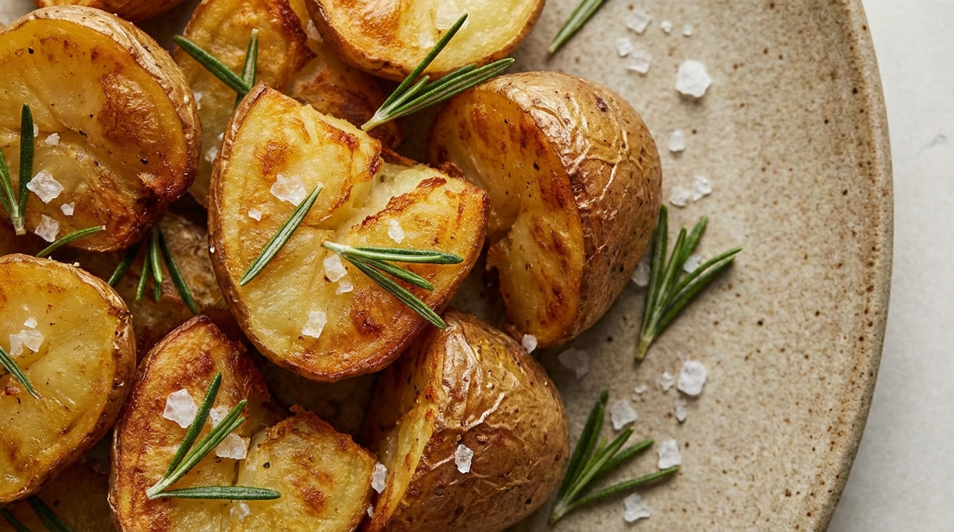 A close-up, high-resolution shot of perfectly roasted potatoes with rough, crispy edges and a golden-brown hue, garnished with fresh rosemary sprigs and sea salt flakes.