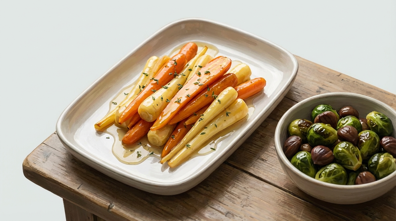 An elegant rectangular serving dish featuring honey-glazed carrots and parsnips, glistening with glaze and sprinkled with chopped thyme, sitting next to a bowl of vibrant green Brussels sprouts with chestnuts.