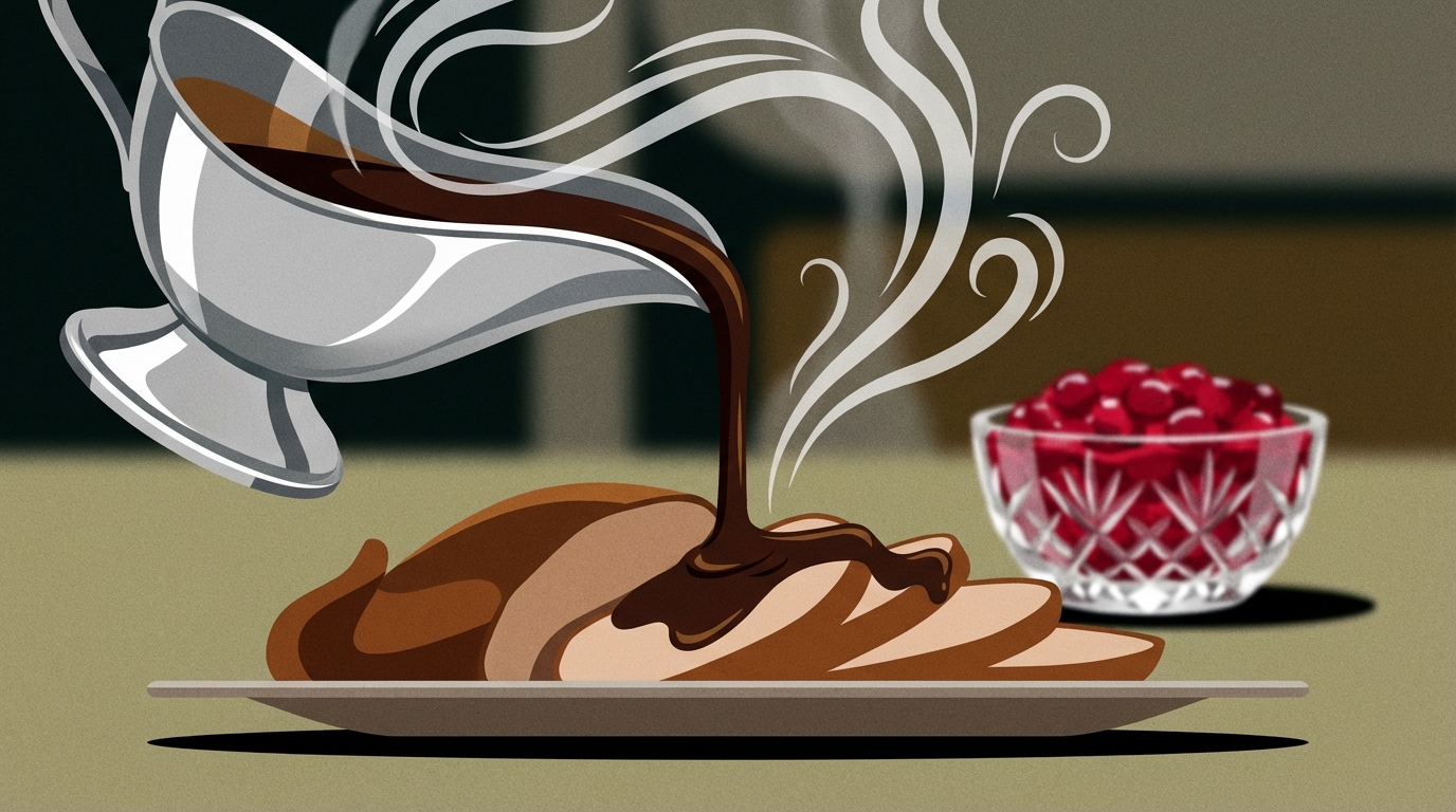 A silver gravy boat being poured over sliced turkey, capturing the steam and the rich, dark viscosity of the gravy, with a small crystal bowl of bright red cranberry sauce in the background.
