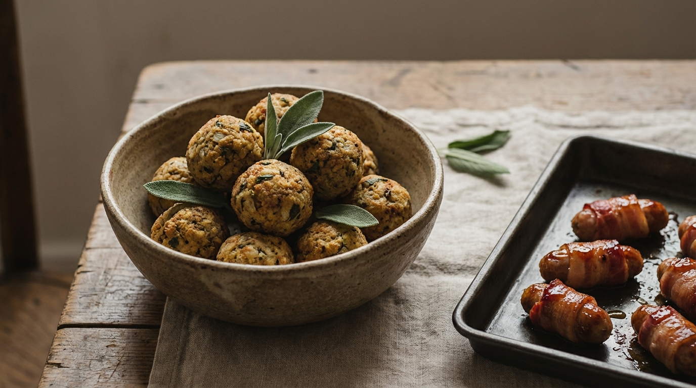 A rustic earthenware dish filled with golden-brown sage and onion stuffing balls alongside a tray of glistening pigs in blankets (sausages wrapped in bacon).